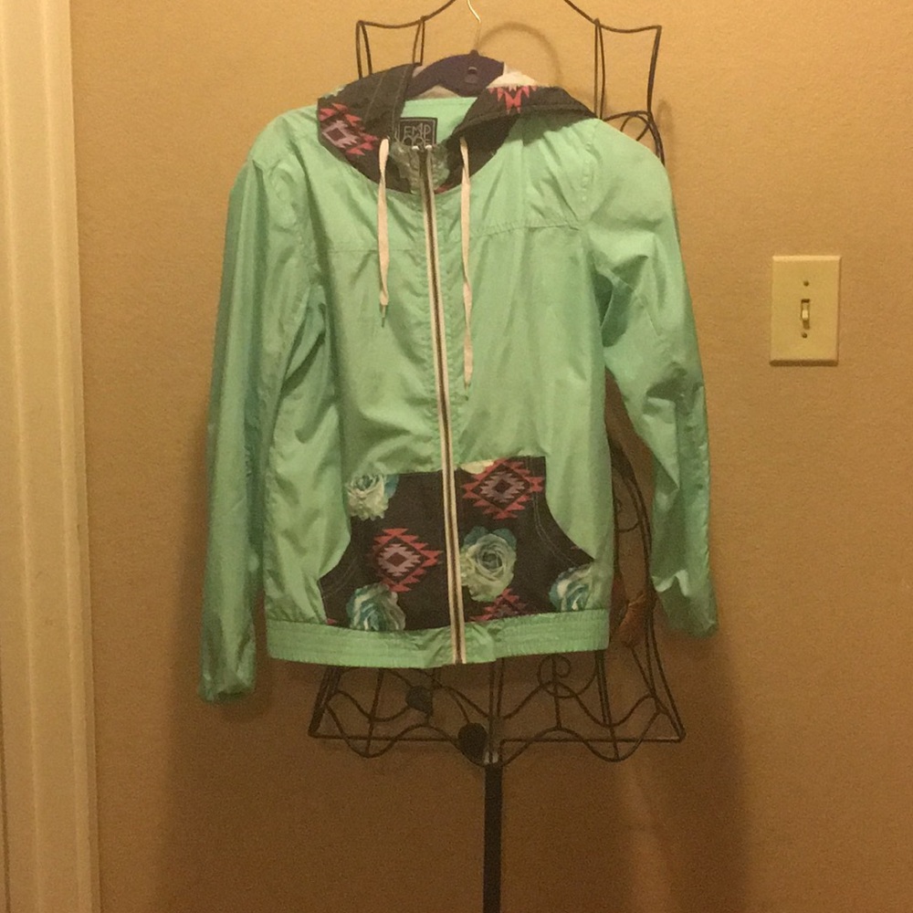 Turquoise flower print wind breaker